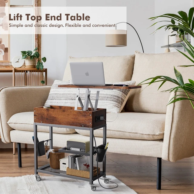 Alt view image 3 of 7 - Lift-Top Side Table with Charging Station, USB Ports & AC Outlets | Mobile End Table Hidden Storage, Wheels - Rustic Wood Nightstand for Living Room, Bedroom, Office