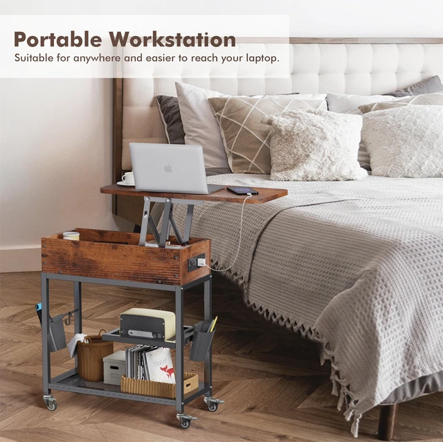Alt view image 4 of 7 - Lift-Top Side Table with Charging Station, USB Ports & AC Outlets | Mobile End Table Hidden Storage, Wheels - Rustic Wood Nightstand for Living Room, Bedroom, Office