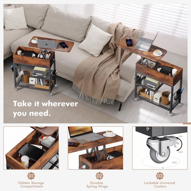 Alt view image 5 of 7 - Lift-Top Side Table with Charging Station, USB Ports & AC Outlets | Mobile End Table Hidden Storage, Wheels - Rustic Wood Nightstand for Living Room, Bedroom, Office