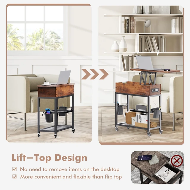 Alt view image 6 of 7 - Lift-Top Side Table with Charging Station, USB Ports & AC Outlets | Mobile End Table Hidden Storage, Wheels - Rustic Wood Nightstand for Living Room, Bedroom, Office