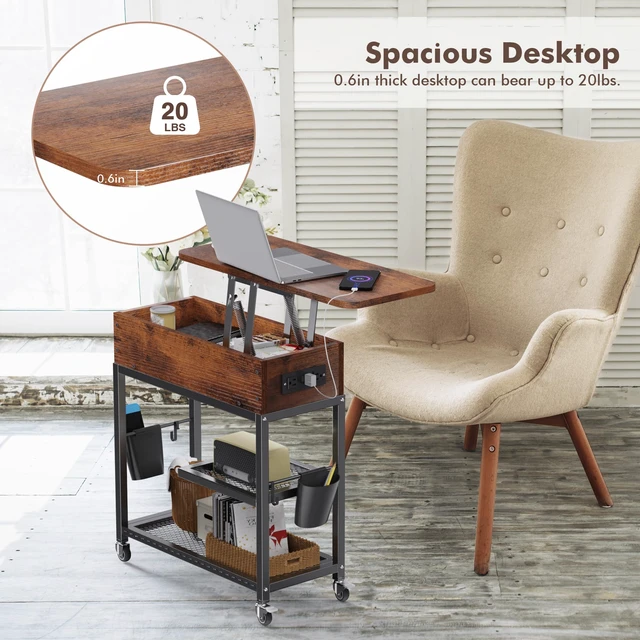 Alt view image 7 of 7 - Lift-Top Side Table with Charging Station, USB Ports & AC Outlets | Mobile End Table Hidden Storage, Wheels - Rustic Wood Nightstand for Living Room, Bedroom, Office