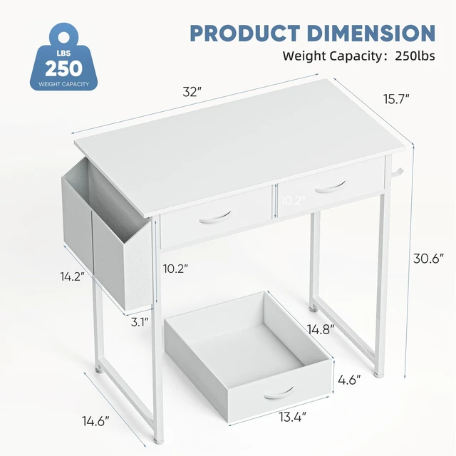 Alt view image 4 of 7 - 32-Inch Small Computer Desk with Drawers and Hook, White | Home Office Desk for Bedroom, Gaming Writing Study Desk with Adjustable Feet