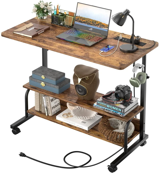 Main image of 32" Height Adjustable Standing Desk with Power Outlets - Manual Rolling Stand Up Desk with Wheels Small Portable Computer Desk Mobile Laptop Table with Storage Shelves for Home Office, Rustic