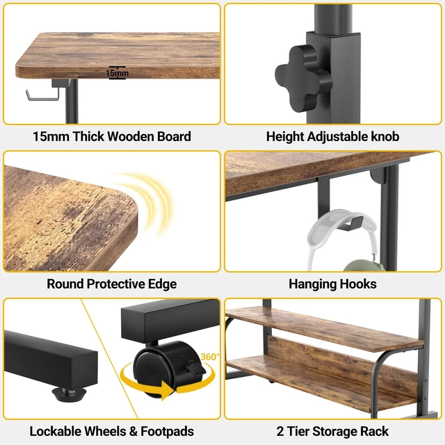 Alt view image 3 of 7 - 32" Height Adjustable Standing Desk with Power Outlets - Manual Rolling Stand Up Desk with Wheels Small Portable Computer Desk Mobile Laptop Table with Storage Shelves for Home Office, Rustic