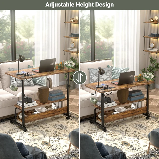 Alt view image 4 of 7 - 32" Height Adjustable Standing Desk with Power Outlets - Manual Rolling Stand Up Desk with Wheels Small Portable Computer Desk Mobile Laptop Table with Storage Shelves for Home Office, Rustic