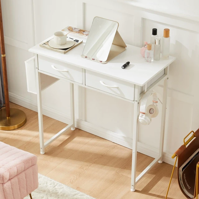 Alt view image 6 of 7 - 32-Inch Small Computer Desk with Drawers and Hook, White | Home Office Desk for Bedroom, Gaming Writing Study Desk with Adjustable Feet