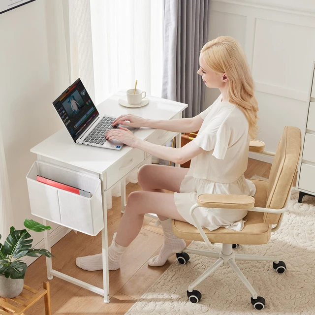 Alt view image 7 of 7 - 32-Inch Small Computer Desk with Drawers and Hook, White | Home Office Desk for Bedroom, Gaming Writing Study Desk with Adjustable Feet