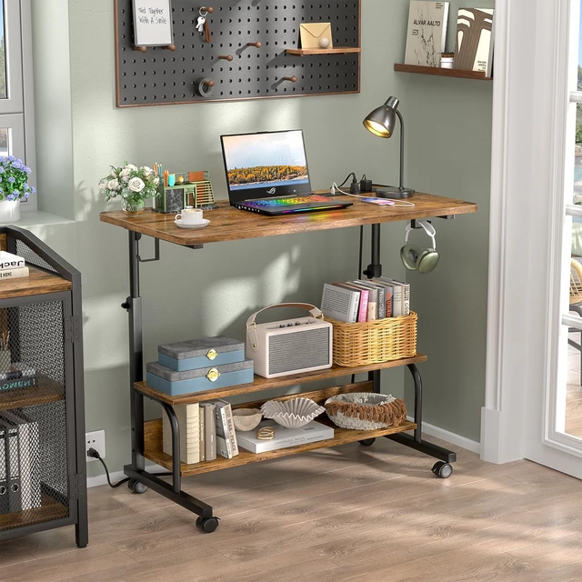 Alt view image 5 of 7 - 32" Height Adjustable Standing Desk with Power Outlets - Manual Rolling Stand Up Desk with Wheels Small Portable Computer Desk Mobile Laptop Table with Storage Shelves for Home Office, Rustic