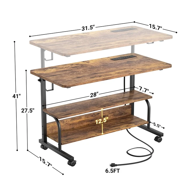 Alt view image 7 of 7 - 32" Height Adjustable Standing Desk with Power Outlets - Manual Rolling Stand Up Desk with Wheels Small Portable Computer Desk Mobile Laptop Table with Storage Shelves for Home Office, Rustic