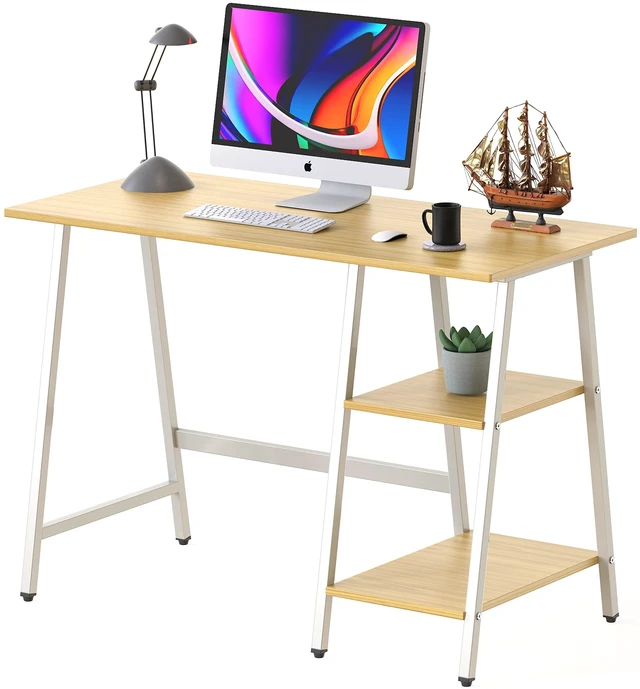 Main image of 43-Inch Trestle Computer Desk with Open Storage Shelves, Oak | w/ Adjustable Glides