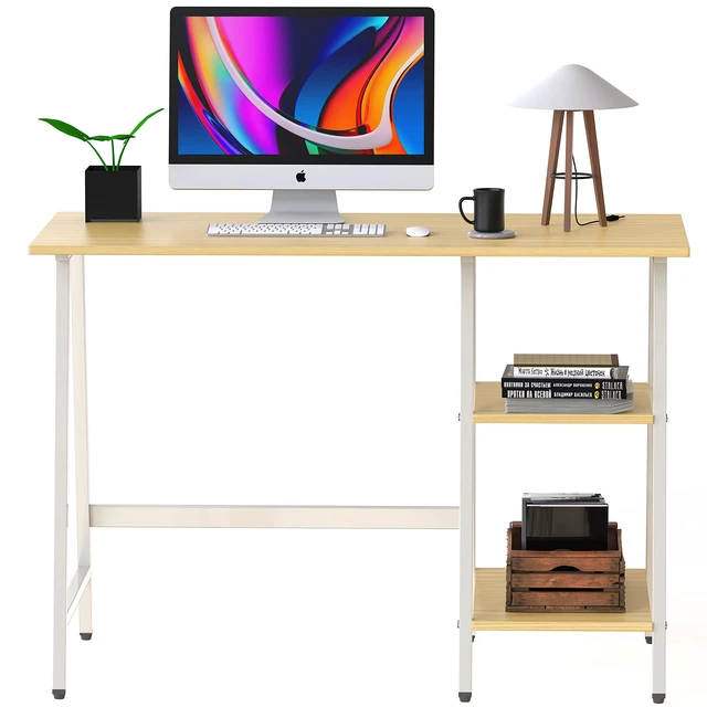 Alt view image 3 of 7 - 43-Inch Trestle Computer Desk with Open Storage Shelves, Oak | w/ Adjustable Glides