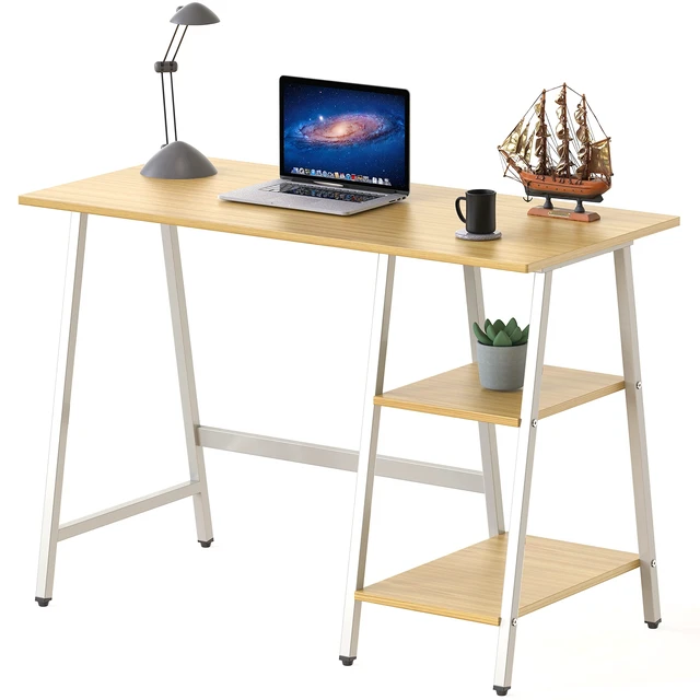 Alt view image 7 of 7 - 43-Inch Trestle Computer Desk with Open Storage Shelves, Oak | w/ Adjustable Glides