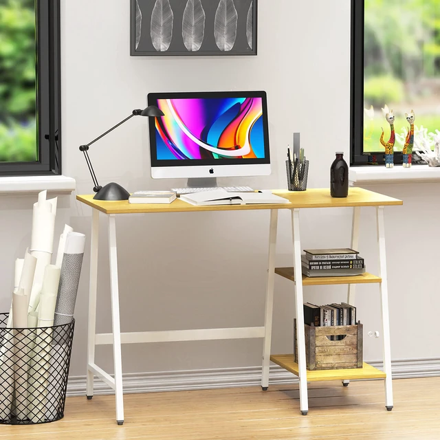 Alt view image 6 of 7 - 43-Inch Trestle Computer Desk with Open Storage Shelves, Oak | w/ Adjustable Glides