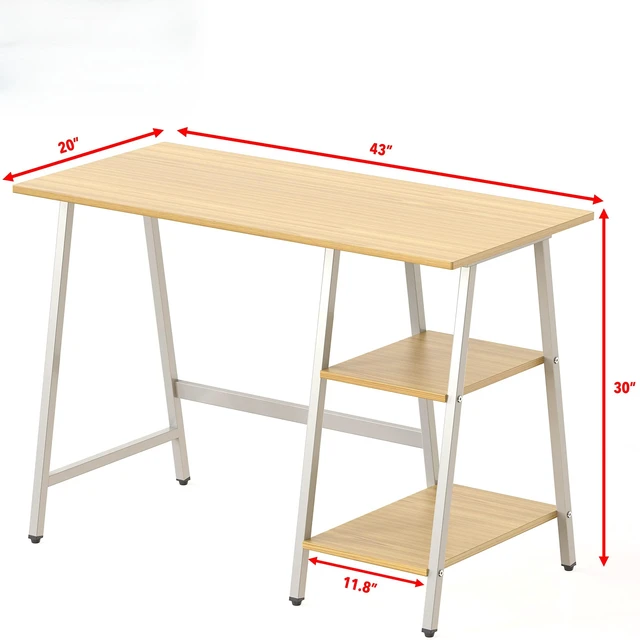 Alt view image 4 of 7 - 43-Inch Trestle Computer Desk with Open Storage Shelves, Oak | w/ Adjustable Glides
