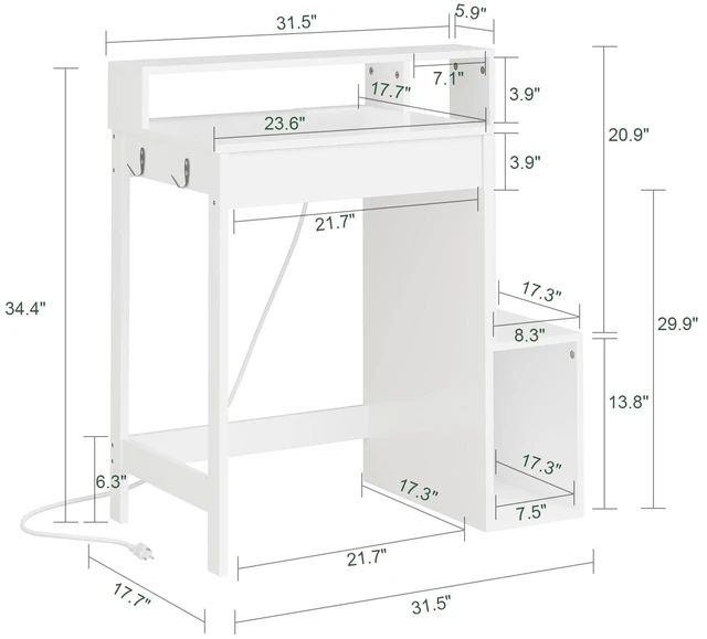 Alt view image 2 of 7 - Small Computer Desk with Power Outlet | Computer Study Desk with Hutch & Side Hook for Bedroom, Study Room, Dorm (White, FWT111-W)