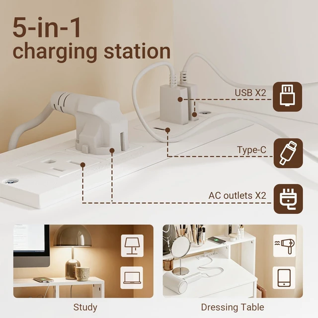 Alt view image 4 of 7 - Small Computer Desk with Power Outlet | Computer Study Desk with Hutch & Side Hook for Bedroom, Study Room, Dorm (White, FWT111-W)