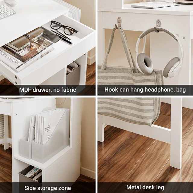 Alt view image 7 of 7 - Small Computer Desk with Power Outlet | Computer Study Desk with Hutch & Side Hook for Bedroom, Study Room, Dorm (White, FWT111-W)