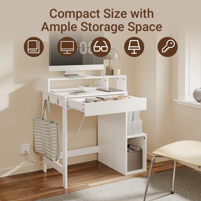 Alt view image 3 of 7 - Small Computer Desk with Power Outlet | Computer Study Desk with Hutch & Side Hook for Bedroom, Study Room, Dorm (White, FWT111-W)