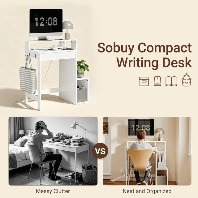 Alt view image 6 of 7 - Small Computer Desk with Power Outlet | Computer Study Desk with Hutch & Side Hook for Bedroom, Study Room, Dorm (White, FWT111-W)