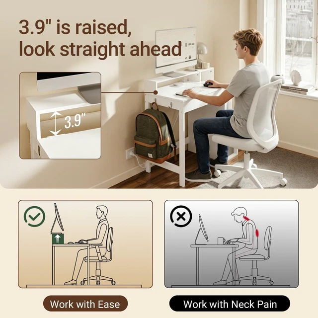 Alt view image 5 of 7 - Small Computer Desk with Power Outlet | Computer Study Desk with Hutch & Side Hook for Bedroom, Study Room, Dorm (White, FWT111-W)