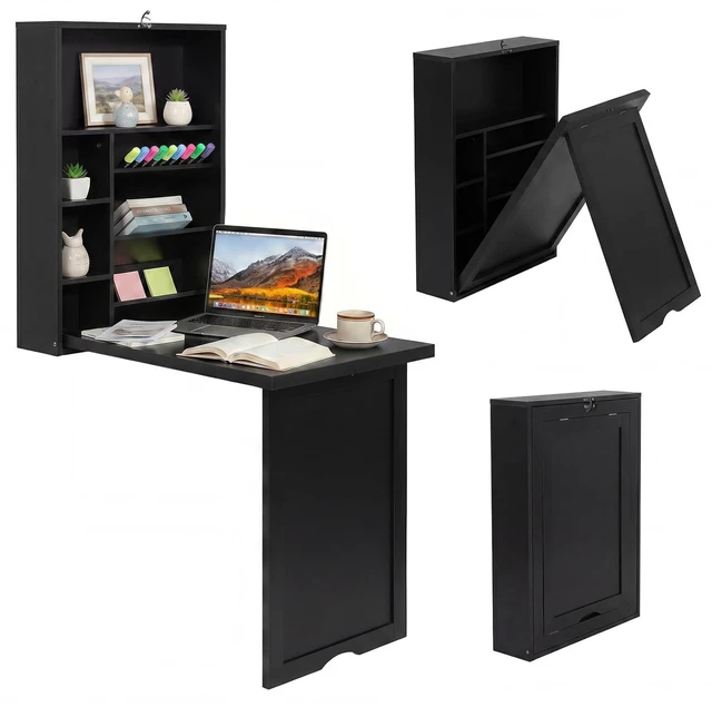 Main image of Folding Wall Mounted Desk, Convertible Fold Out Writing Table | Fold Out, Convertible, Large Storage Area, Wood, Home Office Writing