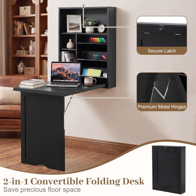 Alt view image 2 of 7 - Folding Wall Mounted Desk, Convertible Fold Out Writing Table | Fold Out, Convertible, Large Storage Area, Wood, Home Office Writing