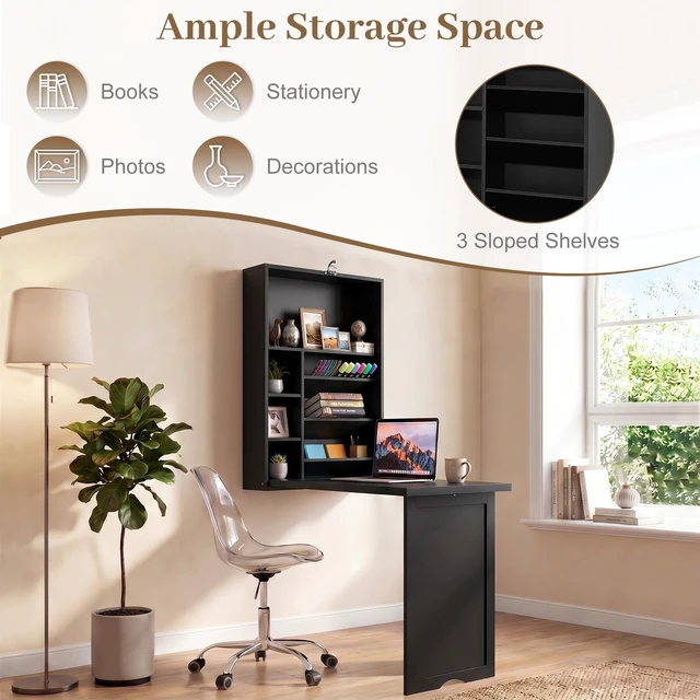 Alt view image 4 of 7 - Folding Wall Mounted Desk, Convertible Fold Out Writing Table | Fold Out, Convertible, Large Storage Area, Wood, Home Office Writing