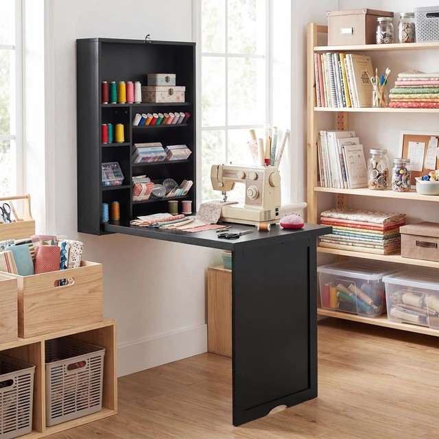 Alt view image 7 of 7 - Folding Wall Mounted Desk, Convertible Fold Out Writing Table | Fold Out, Convertible, Large Storage Area, Wood, Home Office Writing