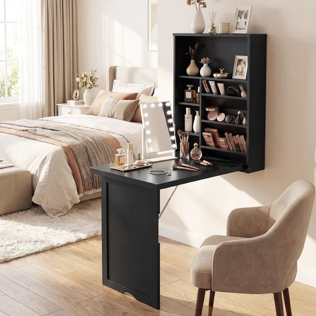 Alt view image 5 of 7 - Folding Wall Mounted Desk, Convertible Fold Out Writing Table | Fold Out, Convertible, Large Storage Area, Wood, Home Office Writing