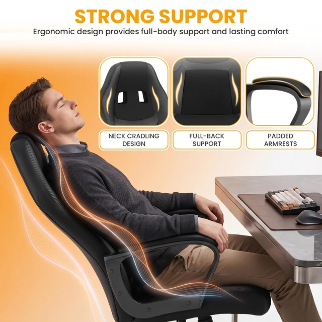 Alt view image 6 of 7 - Office Chair PC Gaming Chair Cheap Desk Chair Ergonomic PU Leather Executive Computer Chair Lumbar Support for Women, Men (Black)