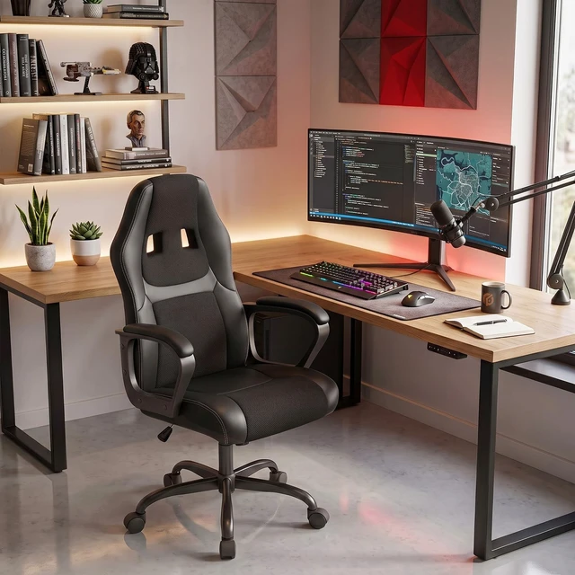 Alt view image 7 of 7 - Office Chair PC Gaming Chair Cheap Desk Chair Ergonomic PU Leather Executive Computer Chair Lumbar Support for Women, Men (Black)