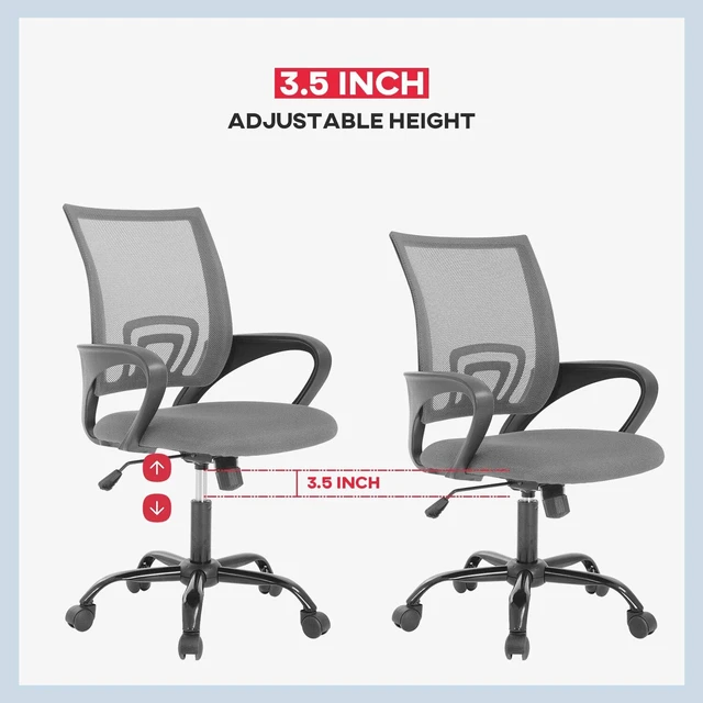 Alt view image 4 of 7 - Ergonomic Office Chair | Grey | Pack of 2 | Mesh Desk Chair | with Lumbar Support & Adjustable Height | Breathable Mid-Back Design & High Density Sponge | For Home, Office