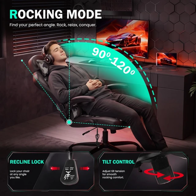 Alt view image 2 of 7 - PC Gaming Chair Racing Office Chair Ergonomic Desk Chair Massage PU Leather Computer Chair with Lumbar Support Headrest Armrest Executive Task Rolling Swivel Chair for Back Pain, Camo