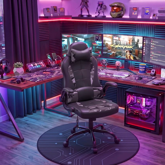 Alt view image 6 of 7 - PC Gaming Chair Racing Office Chair Ergonomic Desk Chair Massage PU Leather Computer Chair with Lumbar Support Headrest Armrest Executive Task Rolling Swivel Chair for Back Pain, Camo