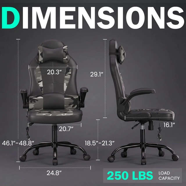 Alt view image 7 of 7 - PC Gaming Chair Racing Office Chair Ergonomic Desk Chair Massage PU Leather Computer Chair with Lumbar Support Headrest Armrest Executive Task Rolling Swivel Chair for Back Pain, Camo