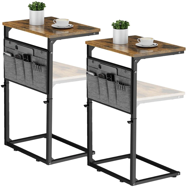 Main image of C Shaped End Table, Set of 2 Tall Side Table for Couch, Adjustable Height Small Couch Side Table for Small Spaces, End Table Slide Under Sofa Table TV Tray Arm Table for Living Room, Brown