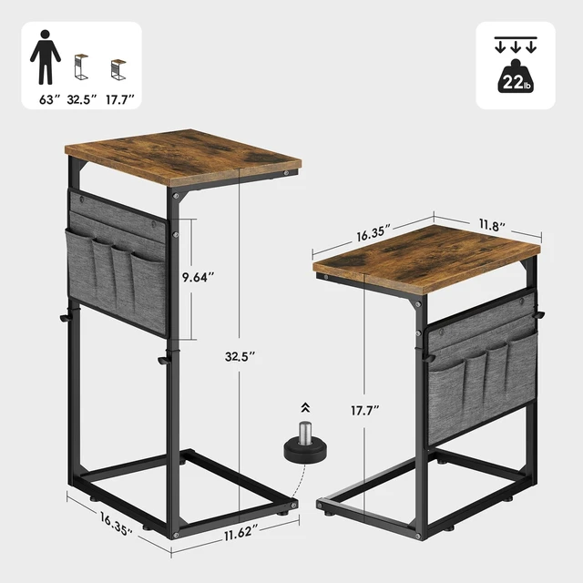 Alt view image 3 of 7 - C Shaped End Table, Set of 2 Tall Side Table for Couch, Adjustable Height Small Couch Side Table for Small Spaces, End Table Slide Under Sofa Table TV Tray Arm Table for Living Room, Brown