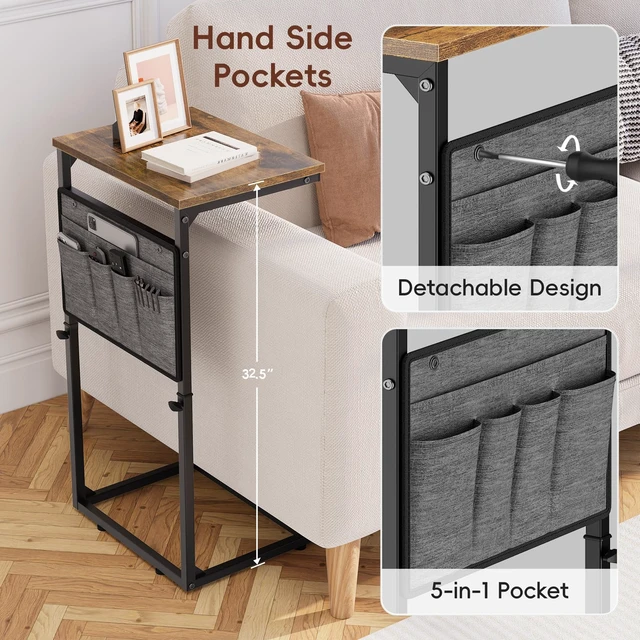 Alt view image 2 of 7 - C Shaped End Table, Set of 2 Tall Side Table for Couch, Adjustable Height Small Couch Side Table for Small Spaces, End Table Slide Under Sofa Table TV Tray Arm Table for Living Room, Brown