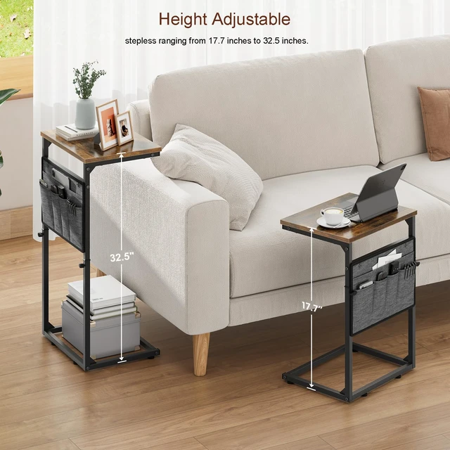 Alt view image 4 of 7 - C Shaped End Table, Set of 2 Tall Side Table for Couch, Adjustable Height Small Couch Side Table for Small Spaces, End Table Slide Under Sofa Table TV Tray Arm Table for Living Room, Brown