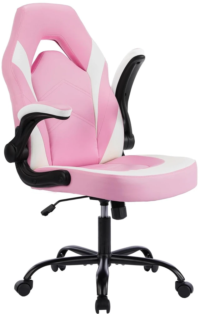 Main image of Gaming Ergonomic Office Chair for Adults, Height Adjustable Computer Desk Chair with Flip-up Armrests, PU Leather Swivel Video Game Chair with 360° Rolling Wheels, Pink