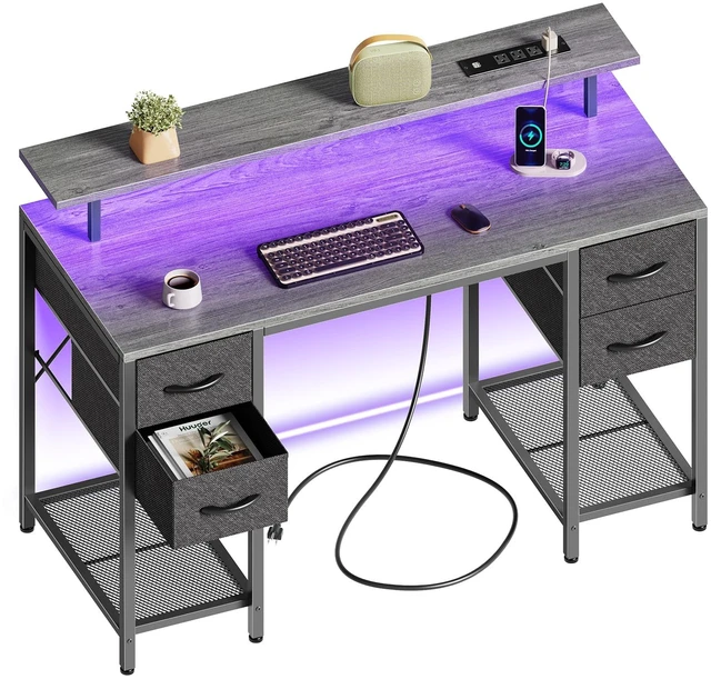 Main image of 47 inch Computer Desk with Power Outlets & 4 Drawers | Gaming Desk with LED Lights, Home Office Desk with Large Storage Space for Bedroom, Work from Home, Grey