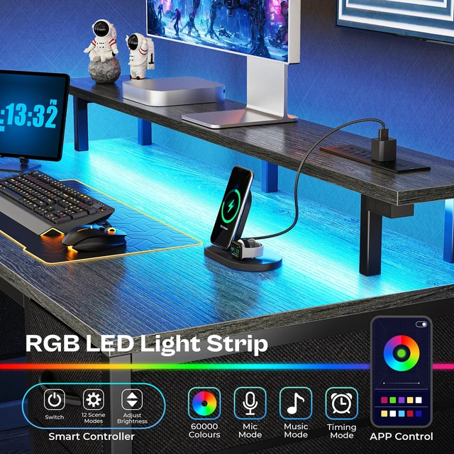 Alt view image 2 of 7 - 47 inch Computer Desk with Power Outlets & 4 Drawers | Gaming Desk with LED Lights, Home Office Desk with Large Storage Space for Bedroom, Work from Home, Grey