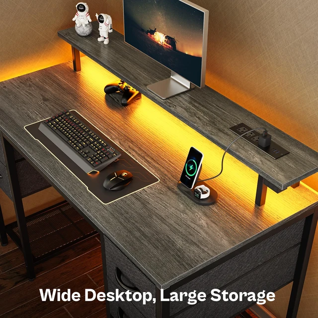 Alt view image 5 of 7 - 47 inch Computer Desk with Power Outlets & 4 Drawers | Gaming Desk with LED Lights, Home Office Desk with Large Storage Space for Bedroom, Work from Home, Grey