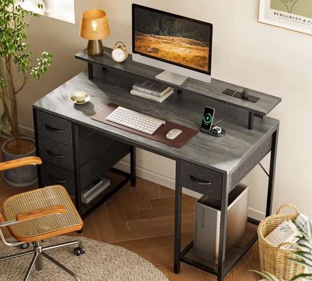 Alt view image 7 of 7 - 47 inch Computer Desk with Power Outlets & 4 Drawers | Gaming Desk with LED Lights, Home Office Desk with Large Storage Space for Bedroom, Work from Home, Grey