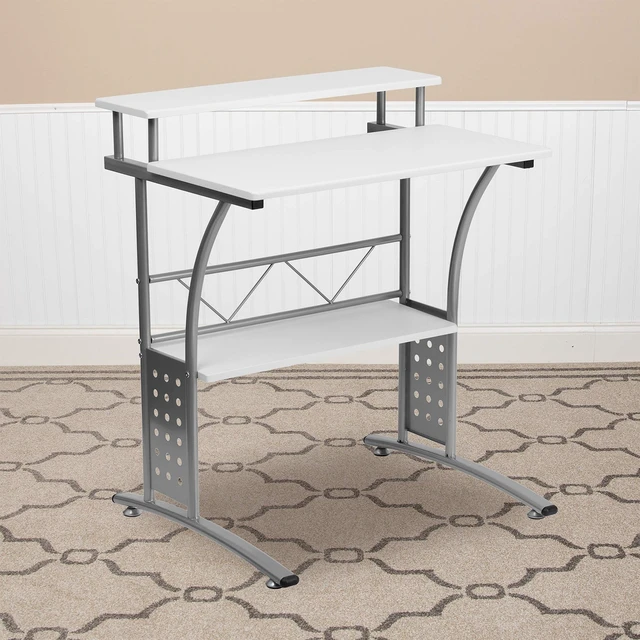 Alt view image 2 of 6 - Clifton White Computer Desk 28 Inch | Perforated Side Panels, Self-Leveling Floor Glides