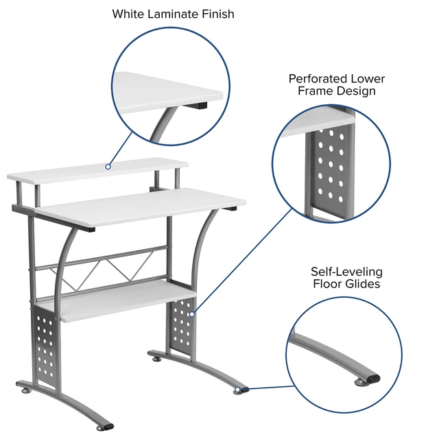 Alt view image 3 of 6 - Clifton White Computer Desk 28 Inch | Perforated Side Panels, Self-Leveling Floor Glides
