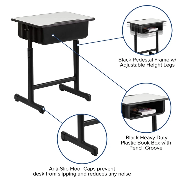 Alt view image 5 of 7 - Billie Open Front Student Desk for Classrooms or Remote Learning, Height Adjust School Desk with Book Box and Bag Hooks, Black/Gray