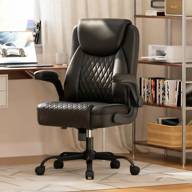 Alt view image 2 of 7 - PU Leather Office Chair, Home Desk Chairs with Memory Foam, Black | Ergonomic Mid Back, 90° Flip-up Arms, Comfy Executive Chair for Home Office Gaming, Flexible Rocking, Heavy Duty Chairs