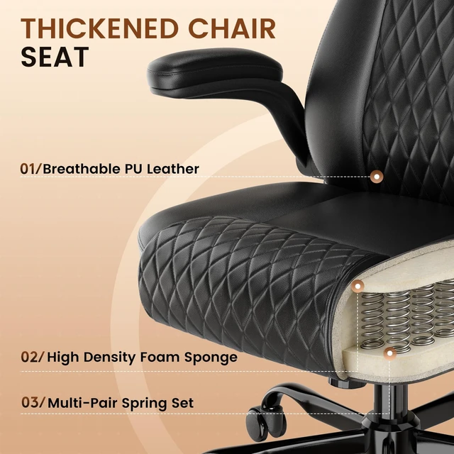 Alt view image 5 of 7 - PU Leather Office Chair, Home Desk Chairs with Memory Foam, Black | Ergonomic Mid Back, 90° Flip-up Arms, Comfy Executive Chair for Home Office Gaming, Flexible Rocking, Heavy Duty Chairs