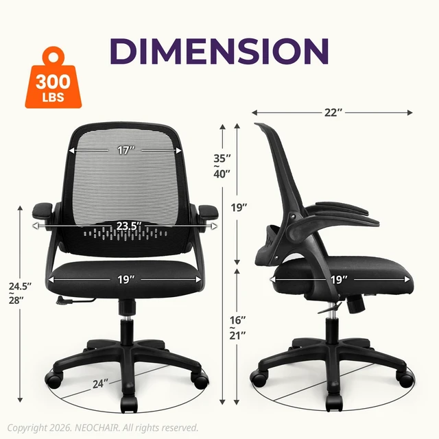 Alt view image 2 of 7 - Office Desk Chair, Ergonomic Mesh with Flip-Up Arms, Dark Black | Lumbar Support, Height Adjustment, 360° Swivel and Rolling Base, Space-Saving Design for Home Office, Vanity or Study